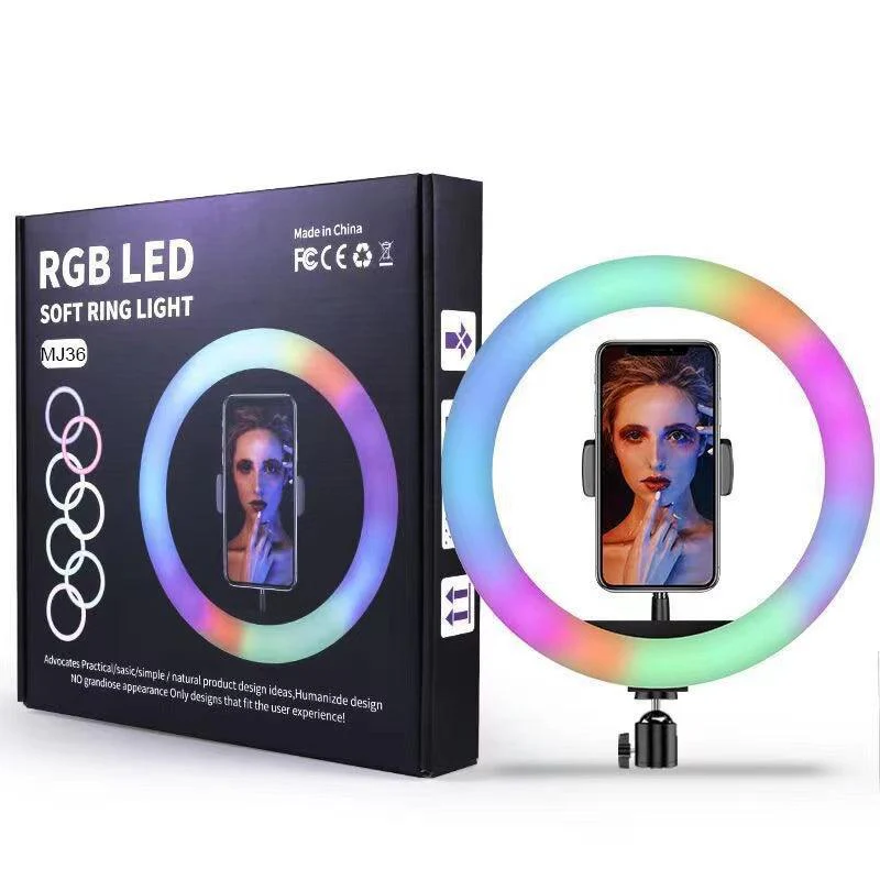 MJ36 16‑Inch RGB Ring Light with 3 Phone Holders & Tripod Stand – 4800LM, 25W, Adjustable 3000‑5500K Color Temp, CRI > 95, 16‑Color LED for Photography & Video
