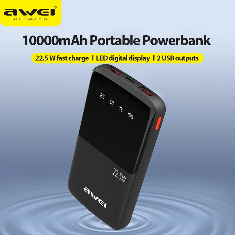 Awei P10K Power Bank 10000mAh 22.5W PD Fast Charge USB‑C Compact 145mm - 2