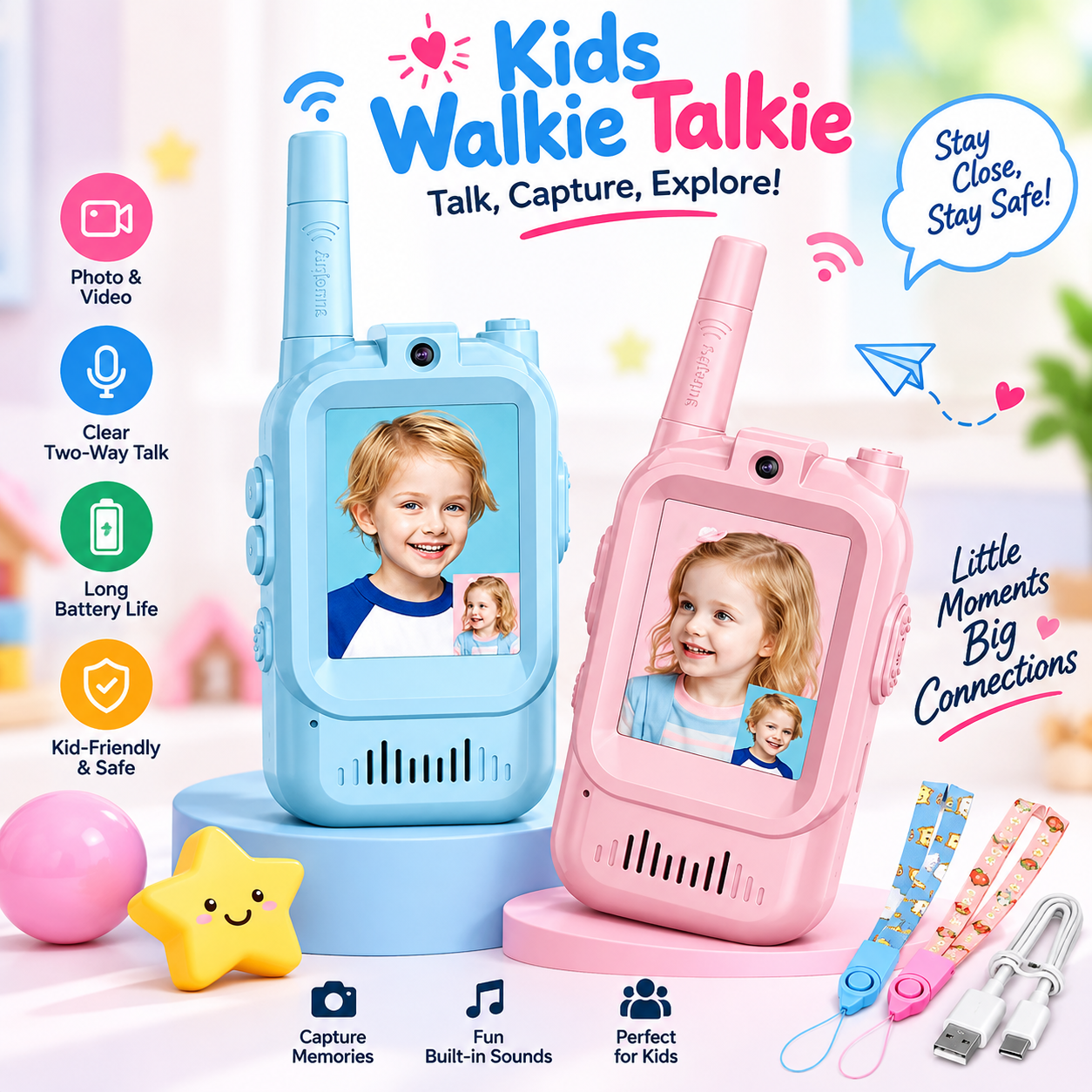 Kids Video Walkie Talkie 2-Way Intercom Set – 2.0″ Screen, Built-in Camera, No SIM/Internet Required, Type-C Rechargeable Wireless Toy for Children