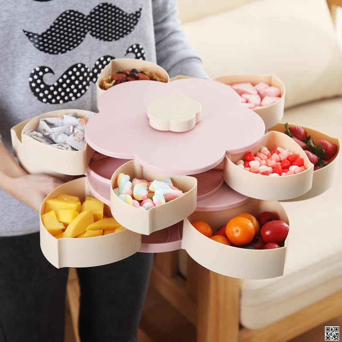 Flower Pattern Rotation 2-layer Petal Candy Box Nut Case Snack Storage Snack Box Creative Pattern Rotating Double Fruit Bowl Double Candy Box Double layer Box Container-8