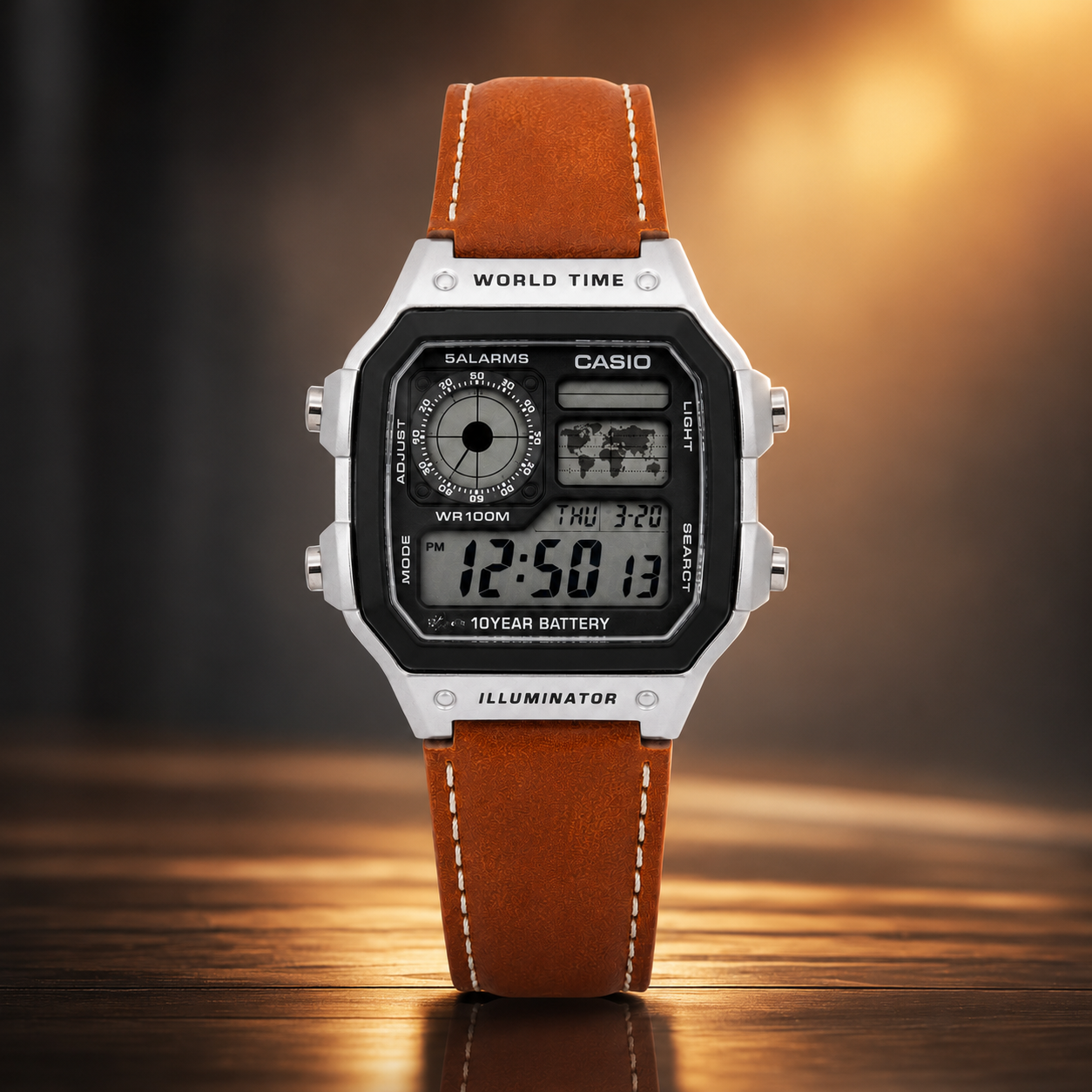 Casio AE-1200WHL-5AVDF World Time Digital Leather Belt Watch - 5