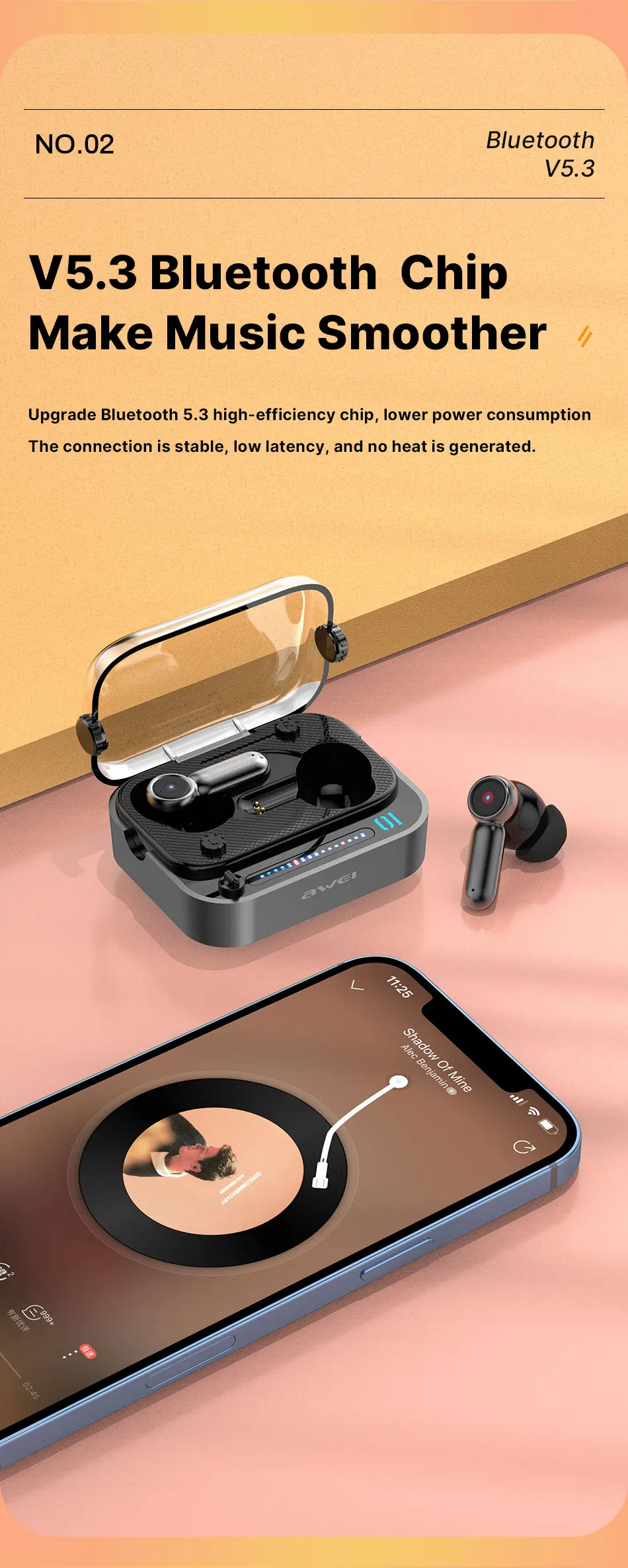 Awei T58 ANC V5.3 Wireless Bluetooth Earphones With RGB Light - 2