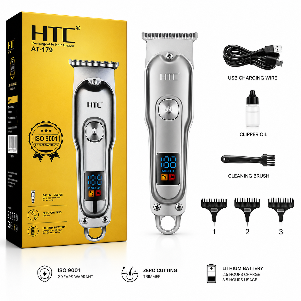 Original HTC AT-179 Rechargeable Hair Clipper & Beard Trimmer for Men – Cordless Grooming Kit with Stainless-Steel Blades, Adjustable Settings & Portable Design - 7