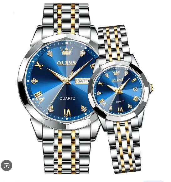 Butter Fly Lock Olievs Stainless Steel fashionable Couple watches +1pcs chain cutter+ 2 pcs battery (Silver Blue) - 2