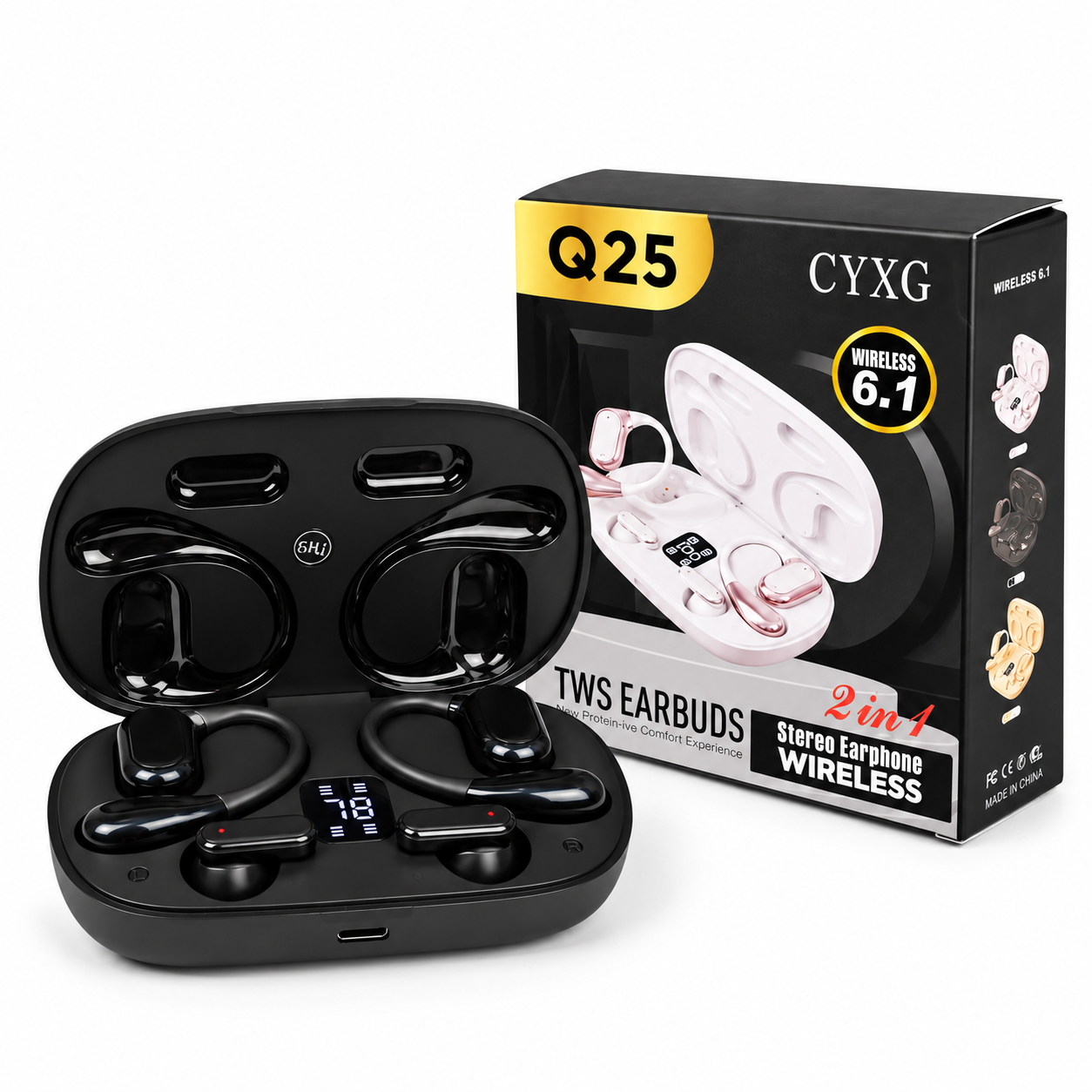 Q25 2-in-1 Couple Soft Ear Hooks TWS Wireless Earbuds – LED Digital Display - 3