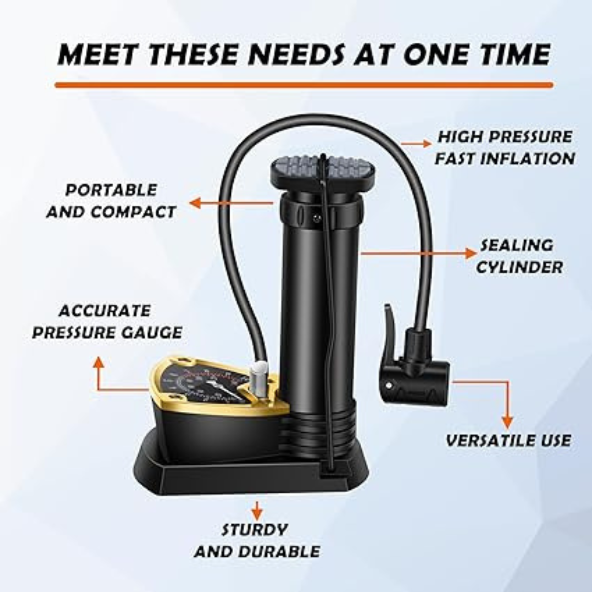 Inchant Mini Bicycle Foot Pump with Sensitive Pressure Gauge 140PSI, Aluminum Alloy Bike Foot Pump - 3