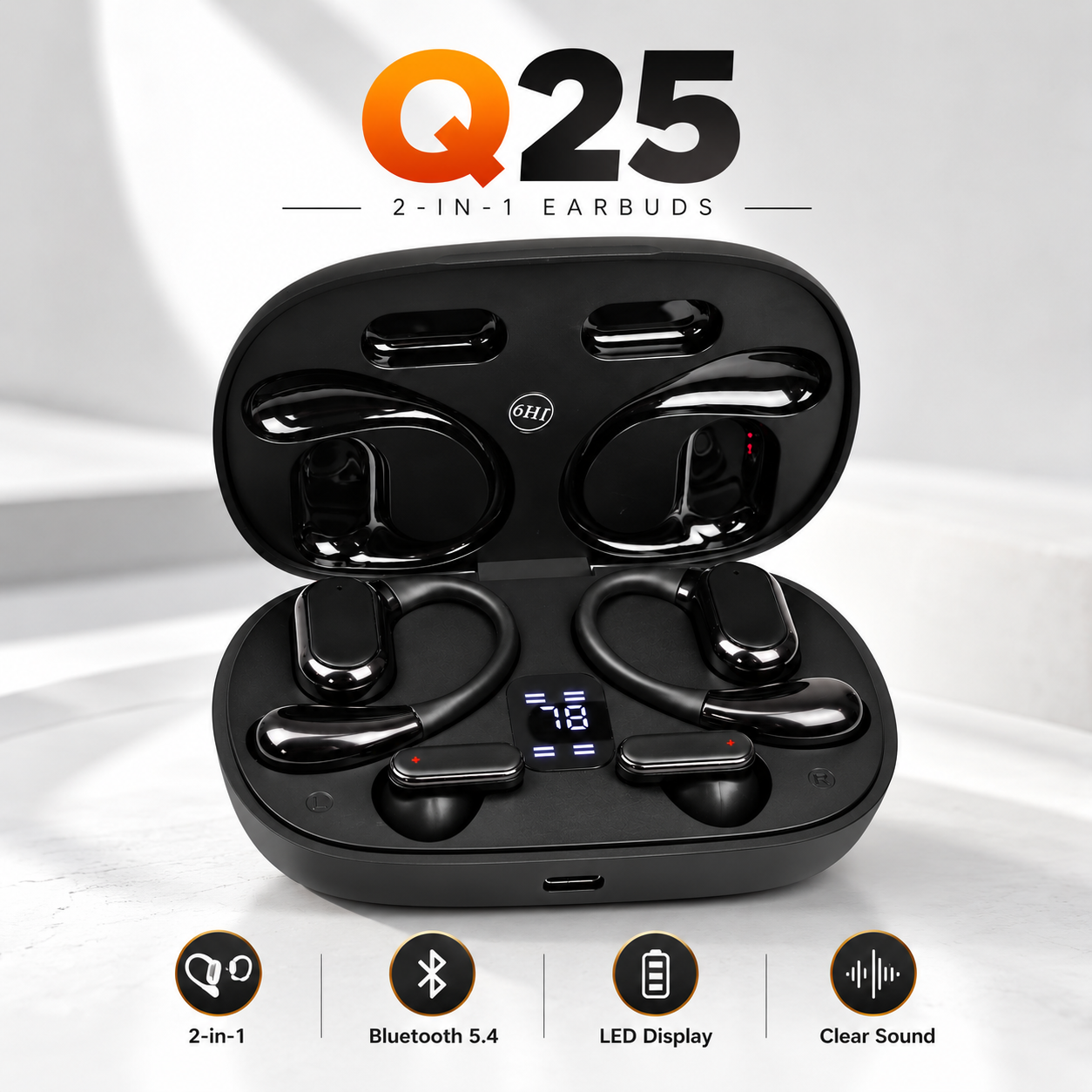 Q25 2-in-1 Couple Soft Ear Hooks TWS Wireless Earbuds – LED Digital Display - 6