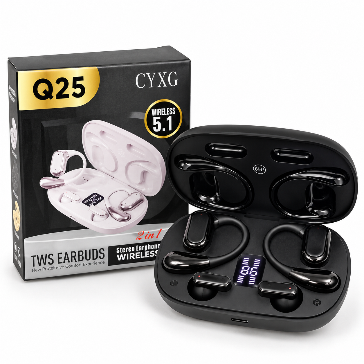 Q25 2-in-1 Couple Soft Ear Hooks TWS Wireless Earbuds – LED Digital Display - 7