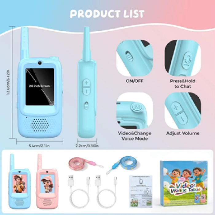 Kids Video Walkie Talkie 2-Way Intercom Set – 2.0" Screen, Built-in Camera, No SIM/Internet Required, Type-C Rechargeable Wireless Toy for Children - 5