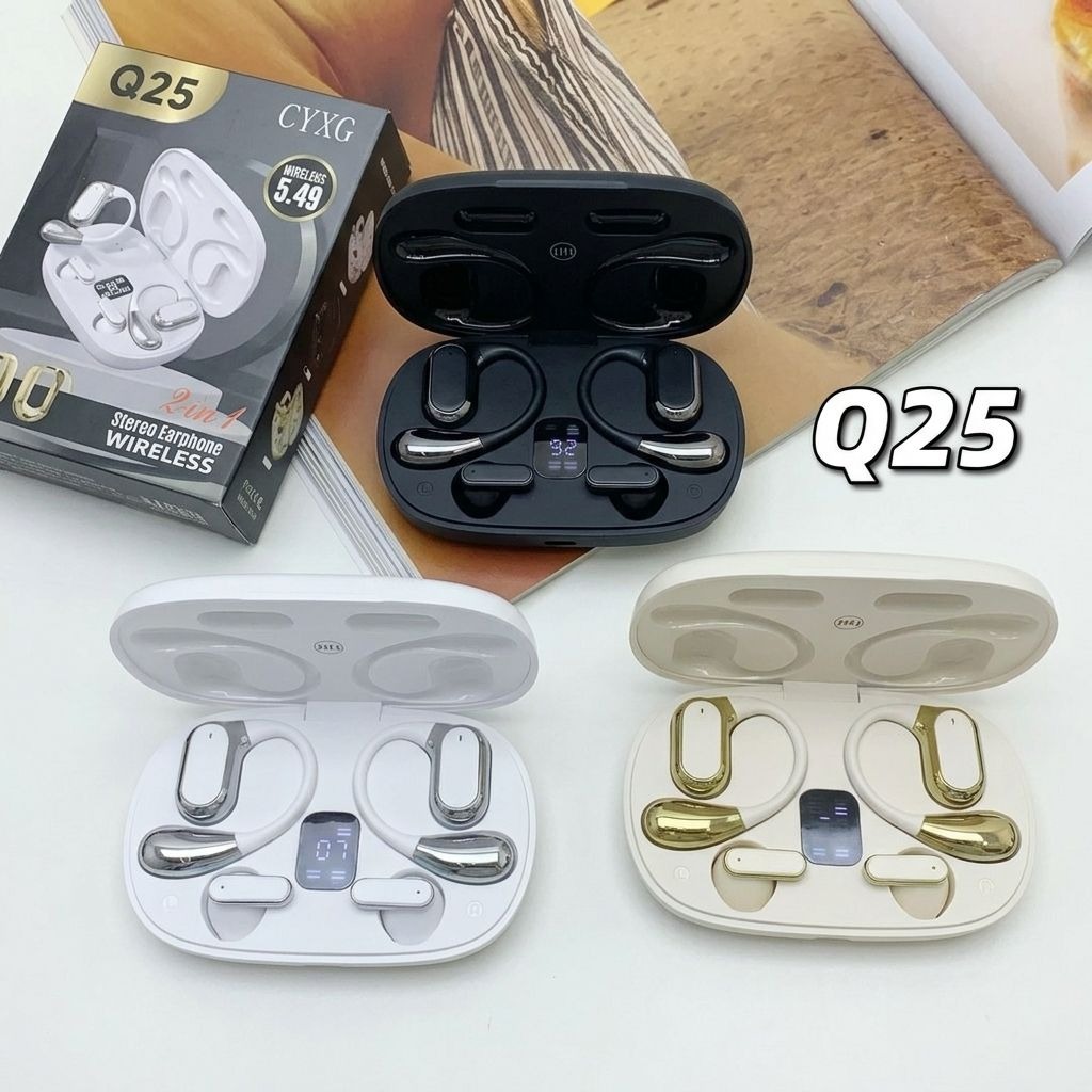 Q25 2-in-1 Couple Soft Ear Hooks TWS Wireless Earbuds – LED Digital Display